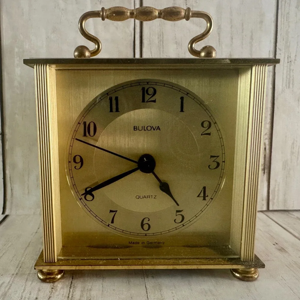 Bulova B2614 Gold Tone Quartz Carriage Clock Germany Vintage Mantel Desk WORKS
